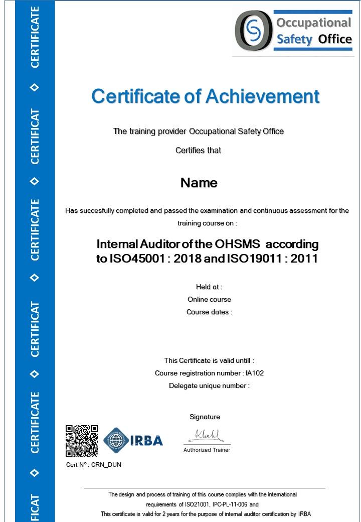 Internal auditor ISO 45001:2018 & ISO19011 course IA102